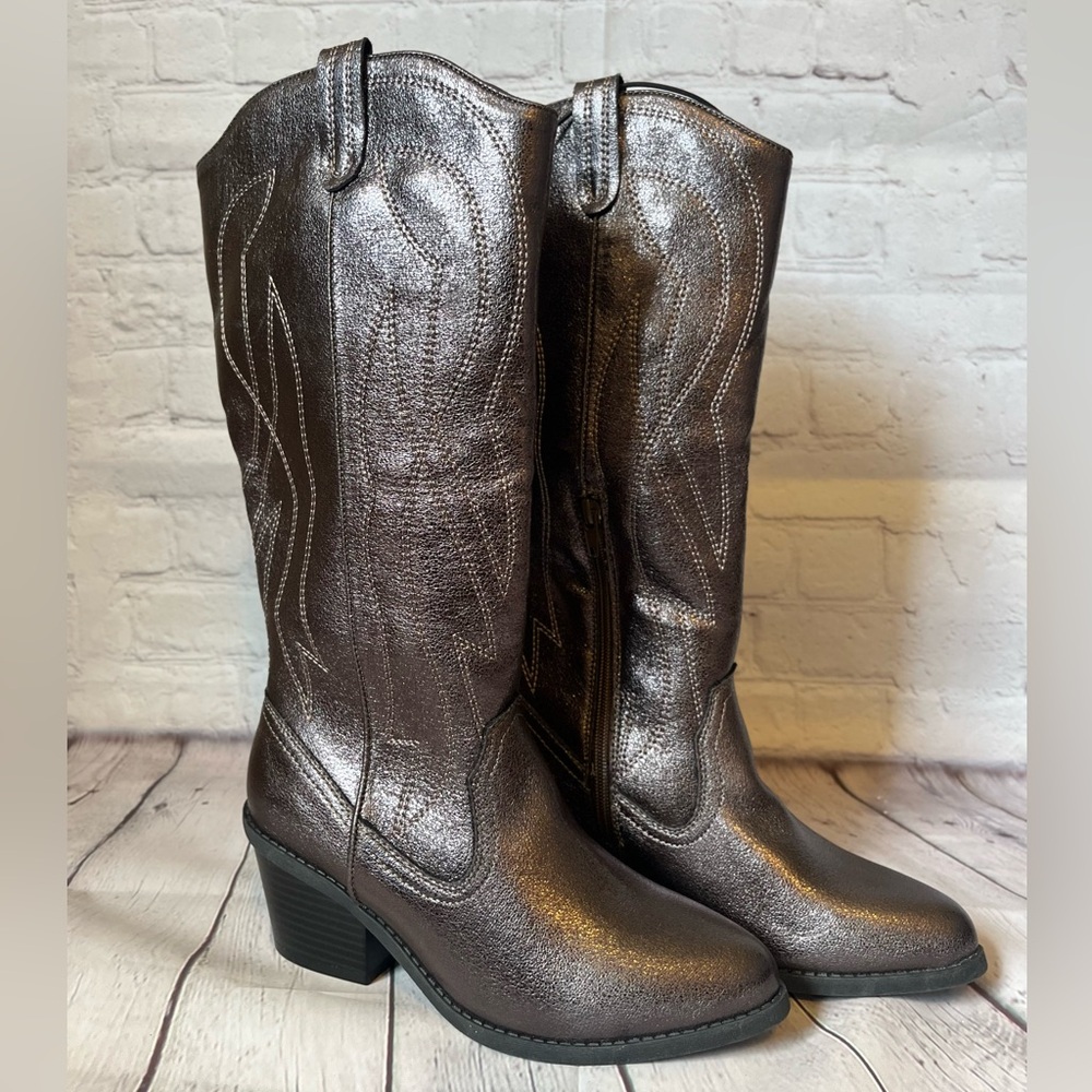 Pop Women’s Kylie Stacked Heel Gunmetal Cowboy Boots (New Without Tags)